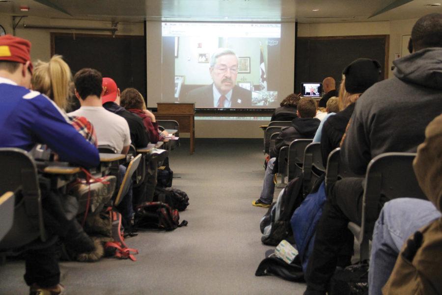 Gov. Terry Branstad had a Skype session with Michael Wigtons JLMC 220 Public Relations class to discuss how the government and public relations work together Wednesday, Nov. 28, 2012, at Bessey Hall. Branstad spoke about past public relation incidents and how his staff reacted to disaster situations and other events.
