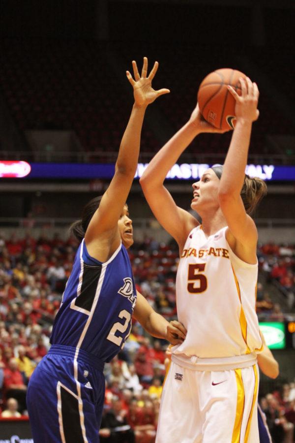 Junior forward Hallie Christofferson goes up for the shot against Drake on Tuesday, Nov. 27, at Hilton Coliseum. The Cyclones took advantage of a large first-half lead and beat the Bulldogs 87-45.
