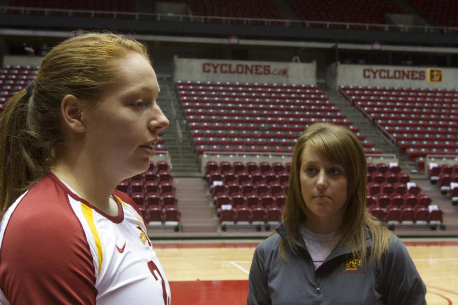 No. 2 Mackenzie Bigbee, left, and her sister Emmery Bigbee speak with the Daily after the Cyclones win against the Red Raiders on Saturday, Nov. 3, at Hilton Coliseum.
