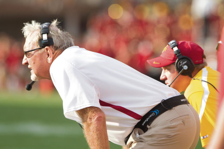 Defensive coordinator Wally Burnham watches a play in the third quarter. Iowa State defeated Tulsa 38-23 on Saturday, Sept. 1, at Jack Trice Stadium.
