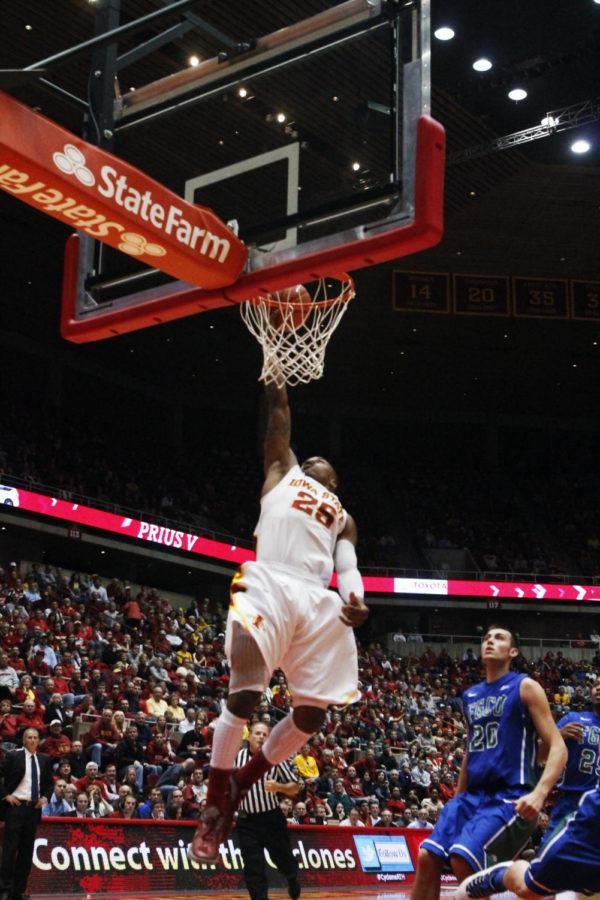 Iowa States Tyrus McGee goes up for a layup against the Florida Gulf Coast Eagles on Tuesday, Dec. 4, at Hilton Coliseum. The Cyclones defeated the Eagles 83-72. McGee scored 16 points against the Eagles.
