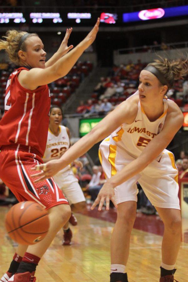 Junior forward Hallie Christofferson passes the ball down low against Fairfield on Dec. 9 at Hilton Coliseum.  Christofferson had 18 points in the 60-43 victory over Fairfield.
