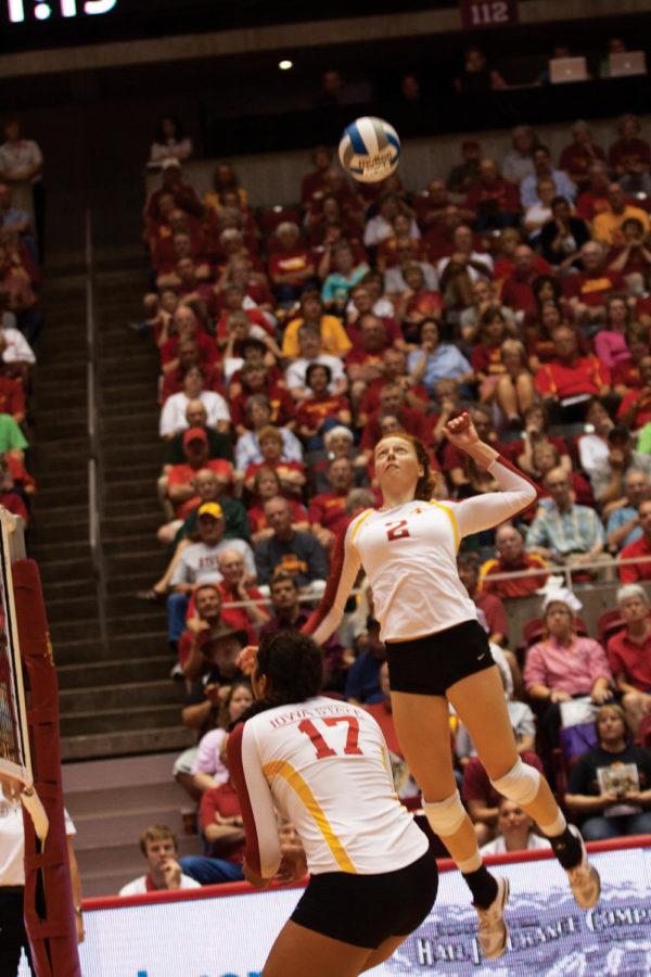 No. 2 right side hitter Mackenzie Bigbee leaps to make a kill in the second set of the match vs. Northern Iowa The game consisted of four sets with Iowa State winning the first, third and fourth. The final score of the fourth set was 27-25.
