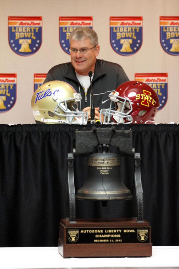 Head coach Paul Rhoads speaks during a press conference for the Liberty Bowl. The ISU Cyclones will face the Tulsa Golden Hurricane in the Liberty Bowl on Dec. 31 in Memphis, Tenn.
