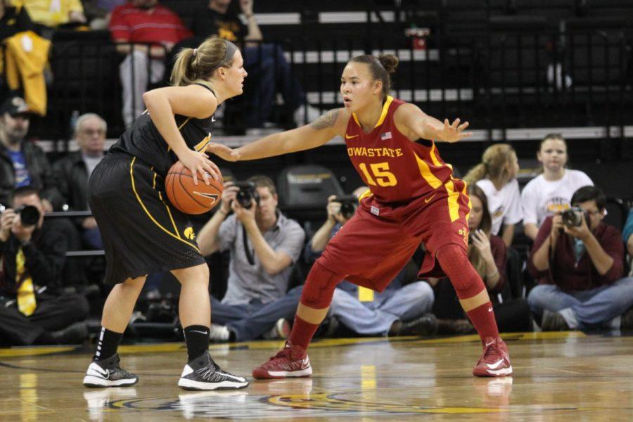Freshman guard Nicole Blaskowsky guards an Iowa player Thursday, Dec. 6, at Carver-Hawkeye Arena. The Cyclones lost 50-42.
