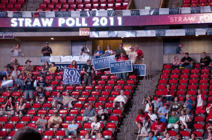 Ron Pauls supporters cheer for him as he is announced as the
runner-up of the 2011 Ames Straw Poll on Aug. 13 at Hilton
Coliseum. 
