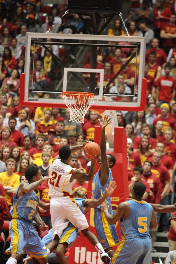Cyclone guard, Will Clyburn, goes up for a lay up during the game against Southern on Friday, Nov. 9, at Hilton Coliseum. Clyburn ranked up 16 total points during the victorious win over the Jaguars with a final score of 82-59.
