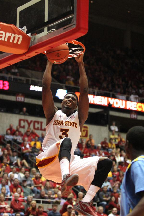 Cyclone+forward+Melvin+Ejim+makes+a+slam+dunk+during+the+game+against+the+Southern+Jaguars+on+Friday%2C+Nov.+9%2C+at+Hilton+Coliseum.%C2%A0Ejim+had+a+total+of+seven+points+the+82-59+win+against+the+Jaguars.+The+Cyclones+defeated+the+Jaguars+82-59.%0A