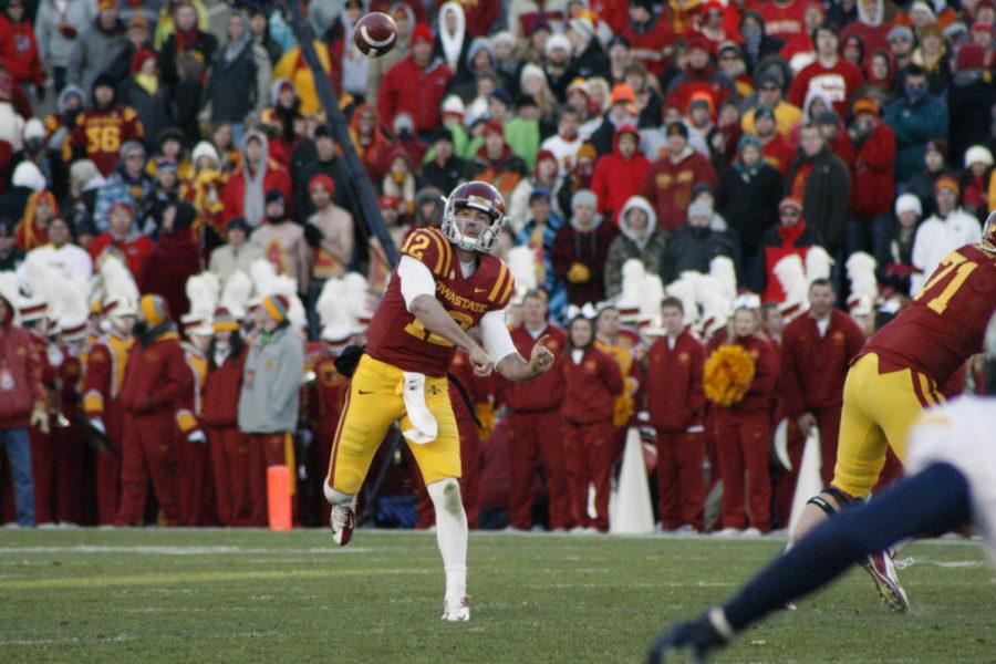 ISU quarterback Sam Richardson attempts a pass during the game against the West Virginia Mountaineers on Friday, Nov. 23, at Jack Trice Stadium. The Mountaineers won the game 31-24. Richardson finished the game with 162 yards passing and three touchdowns. Richardson has thrown seven touchdowns and no interceptions in the last two games.
