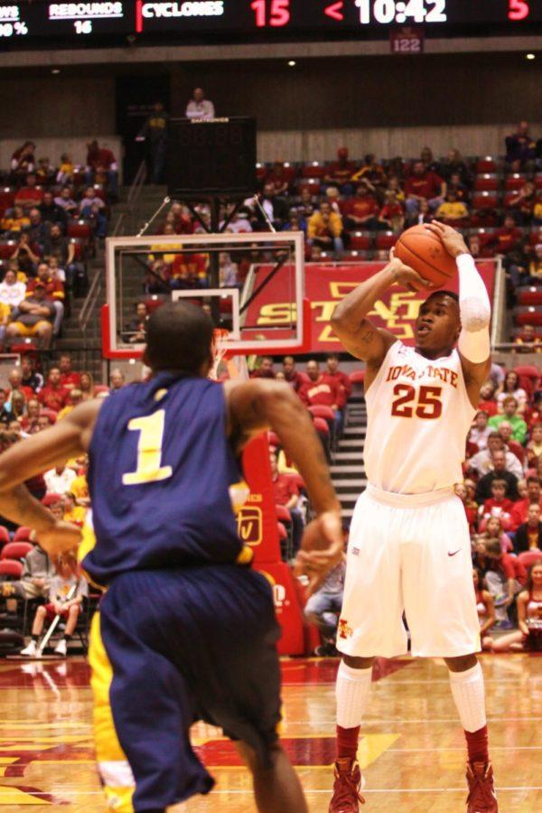 Senior guard Tyrus McGee shoots a wide-open 3-pointer against North Carolina A&T on Nov. 20 at Hilton Coliseum. He led the Cyclones in scoring with 24 points in the 86-57 victory.
