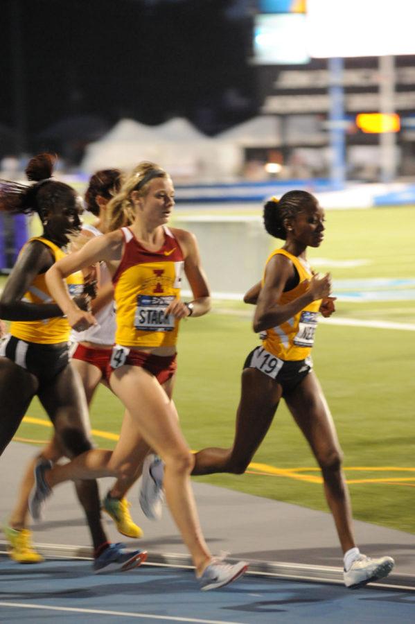 Dani Stack blazed like a comet in the 10,000-meter run June 8. Stack ran in the NCAA Track and Field Championships at Drake University in Des Moines, Iowa. Stack and her team mate Betsy Saina took turns leading the pack during the race. 