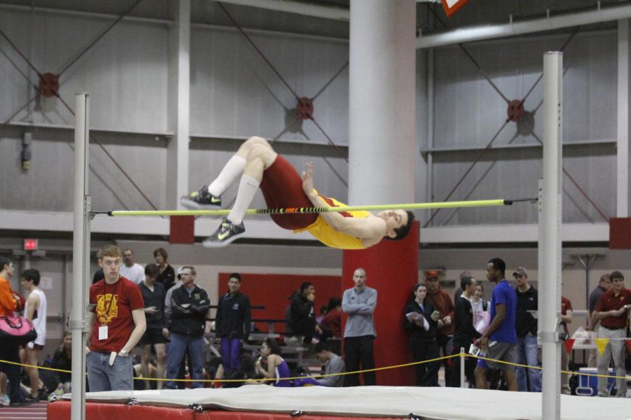 Nick Lucs sails over a 1.98-meter jump at the ISU Open. He won fourth place in the high jump with a mark of 6-06.00.
