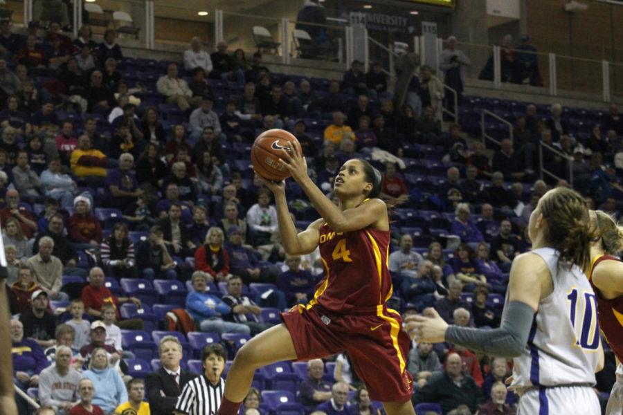 Iowa States Nikki Moody goes up for a layup attempt against the UNI Panthers on Monday, Dec. 17, at the McLeod Center in Cedar Falls. The Cyclones won the game 67-59. Moody scored 11 points in the game.
