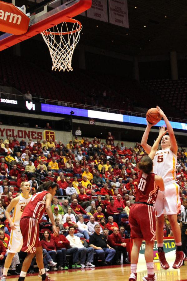 Junior forward Hallie Christofferson takes a shot against Oklahoma Jan. 15 at Hilton Coliseum. Christofferson had a team high 24 points in the 82-61 victory.
