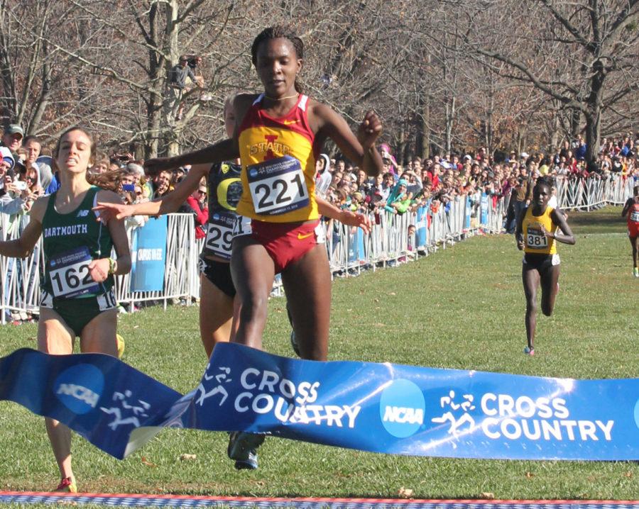 ISU womens cross-country runner Betsy Saina crosses the finish line first at the 2012 NCAA Cross-Country National Championship on Nov. 17 at E.P. Tom Sawyer Park in Louisville, Ky. 