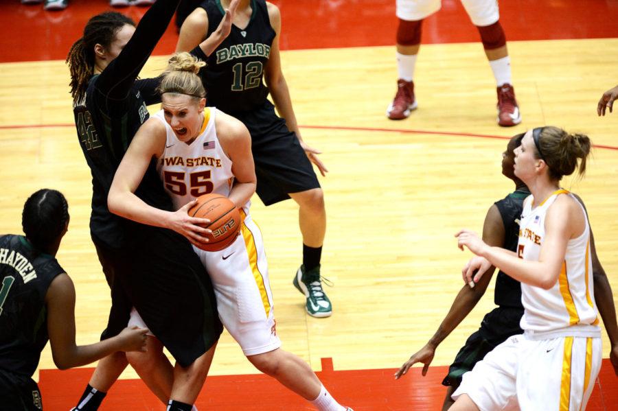 Anna Prins attempts to pass the players from No. 1 Baylor during the 66-51 loss on Jan 23, 2013, at Hilton Coliseum. Prins finished the game making six shots out of her 15 tries and attributed to the team with 17 points. 

