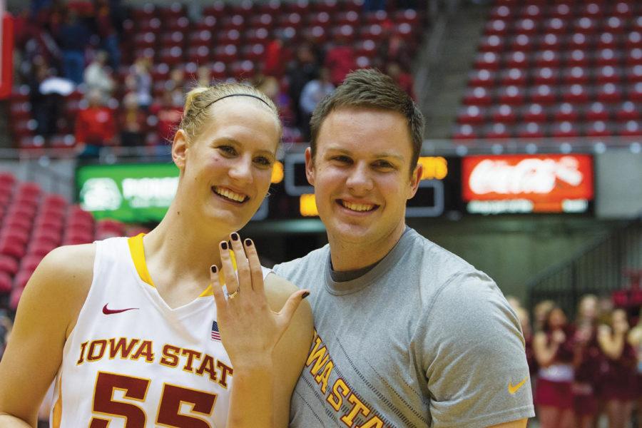 Anna Prins shows off her engagement ring after the game against Alabama on Dec. 30, 2012, at Hilton Coliseum. Prins longtime boyfriend Ryan De Hamer surprised her by proposing after the game ended.
