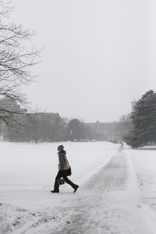 A student makes his way through Central Campus during the snowstorm Jan. 30.
