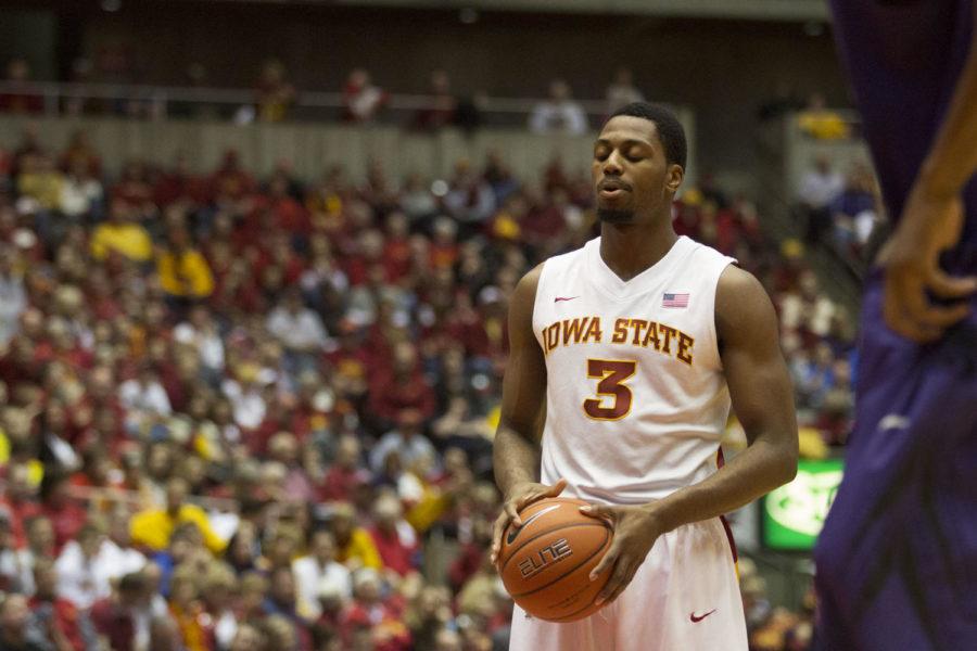 ISU forward Melvin Ejim takes a breath as he prepares to shoot a free throw in the Cyclones game against Kansas State on Saturday, Jan. 26, 2013 at Hilton Coliseum. The Cyclones won 73-67.
