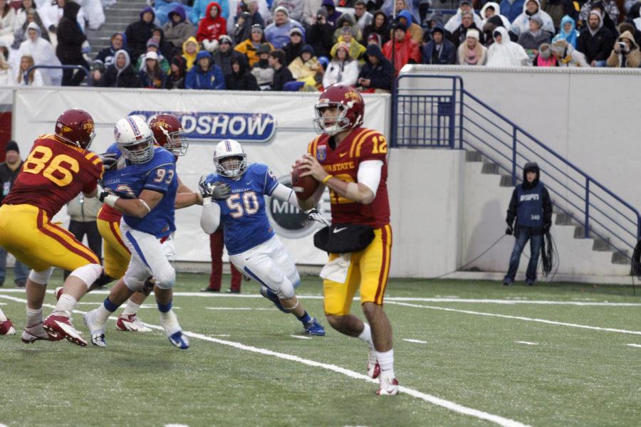 ISU quarterback Sam Richardson looks to throw a pass against the Tulsa Golden Hurricane in the Liberty Bowl, Monday, Dec. 31, in Memphis, Tenn. The Golden Hurricane won the bowl game 31-17.
