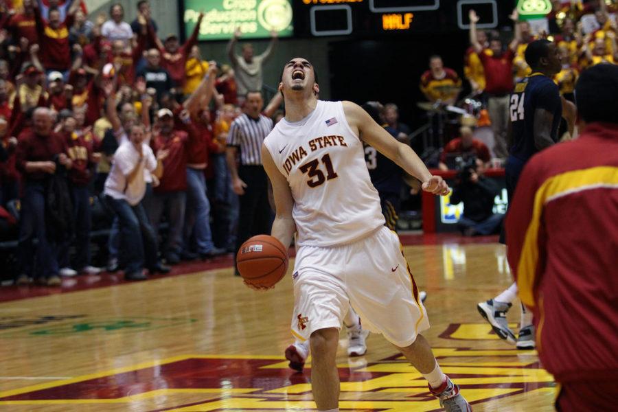 ISU forward Georges Niang celebrates after scoring the game-winning shot against the West Virginia Mountaineers on Jan. 16. The Cyclones won 69-67 after Niang made a shot with 2.5 seconds remaining. 
