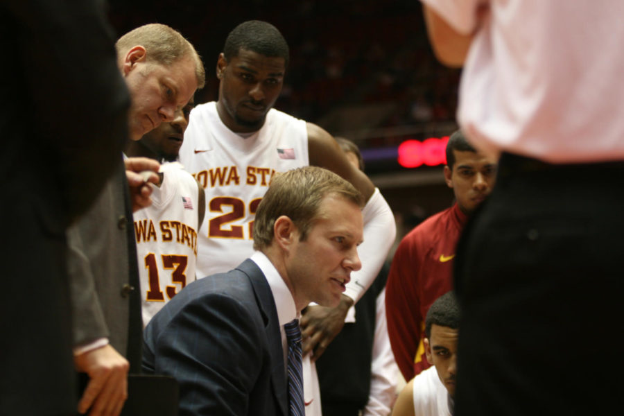 Coach Fred Hoiberg talks strategy in the huddle against Alabama A&M on November 12, 2012 at Hilton Coliseum. The Cyclones defeated the Bulldogs 98-40.
