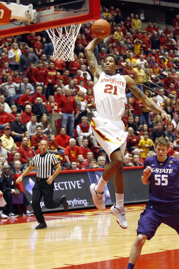 ISU senior Will Clyburn goes for the dunk after a fast rebound of the ball. The Cyclones won against the Kansas State Wildcats with a score of 73-67.
