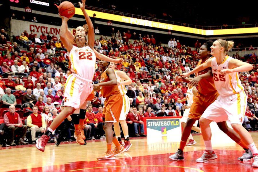 Sophomore guard Brynn Williamson goes up for the shot against Texas on Jan. 2 at Hilton Coliseum.  Williamson led the team in rebounds with nine in the 73-65 overtime win.
