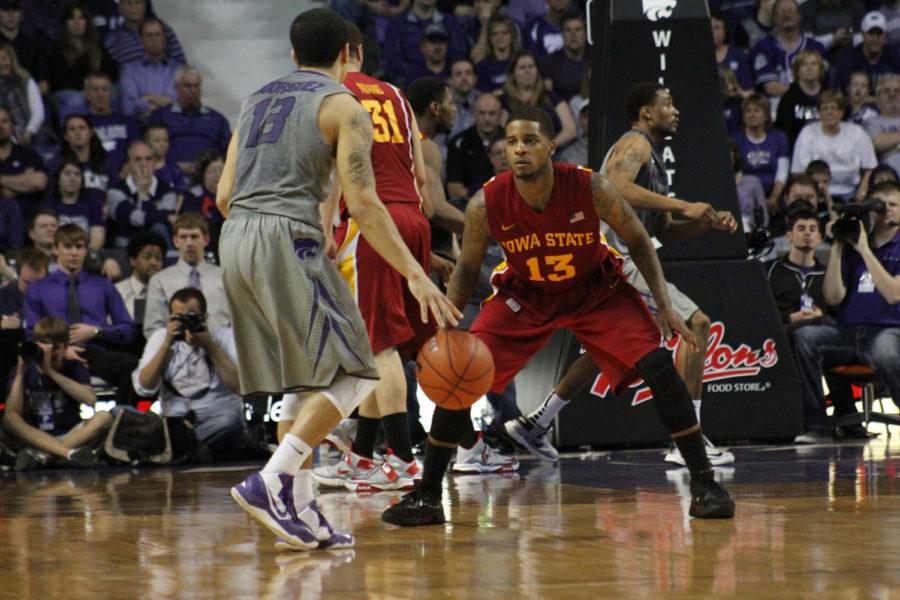 Senior Korie Lucious guards Kansas State player Angel Rodriguez during the 79-10 loss Feb. 9 at Bramlage Coliseum. 
