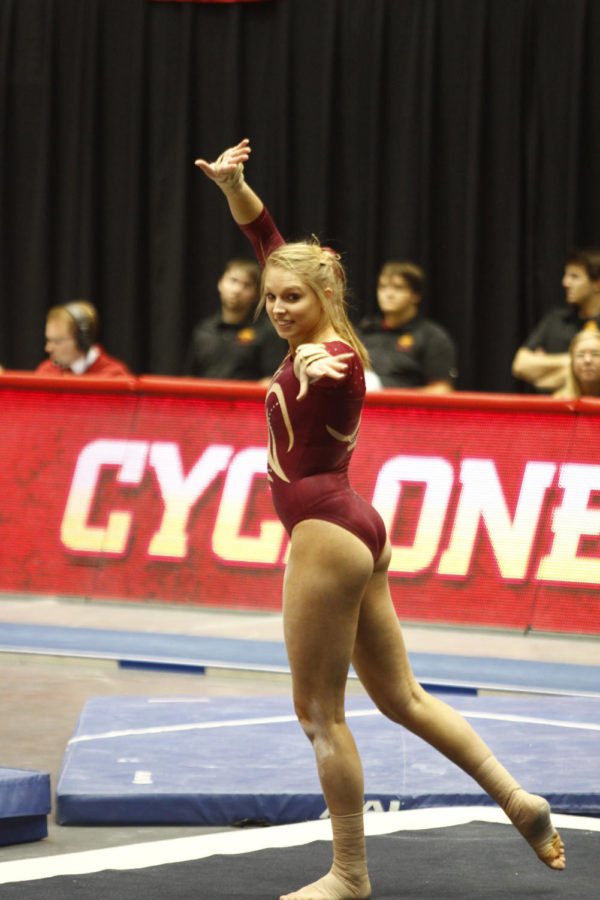Sara Townsend performs on the floor on Feb. 15 at the Hilton Coliseum in Iowa States win against Northern Illinois.
