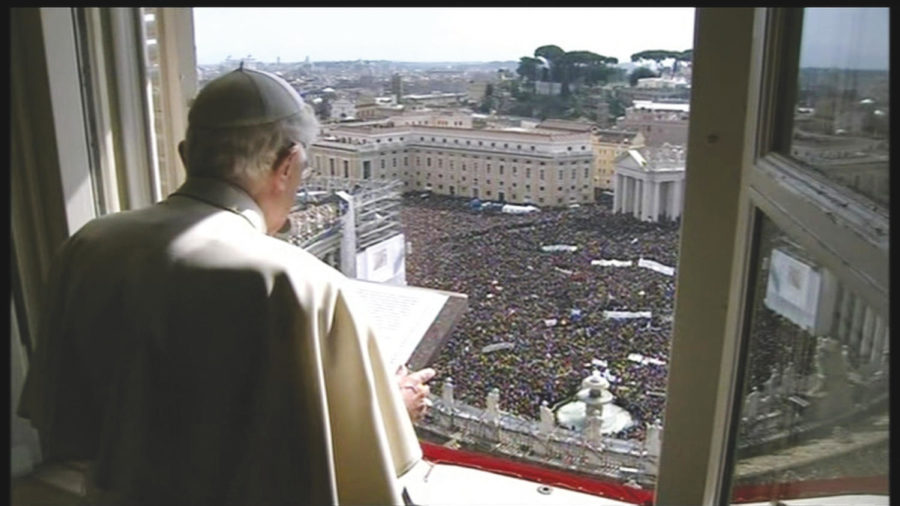 Pope Benedict XVI delivering his final public blessing on Feb. 24, 2013, to a crowd of thousands at St. Peters Square in Vatican City.