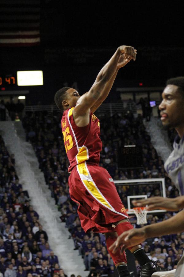 Senior Tyrus McGee jumps up to shoot the ball during the 79-70 loss against Kansas State on Feb. 9 at Bramlage Coliseum. 
