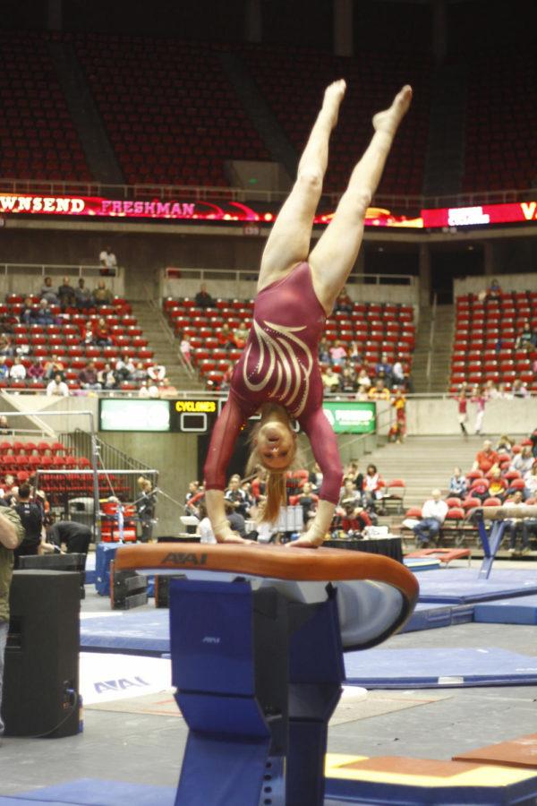Sara Townsend performs the vault Feb. 15 at the Hilton Coliseum. Townsend scored 9.750 on her vault performance
