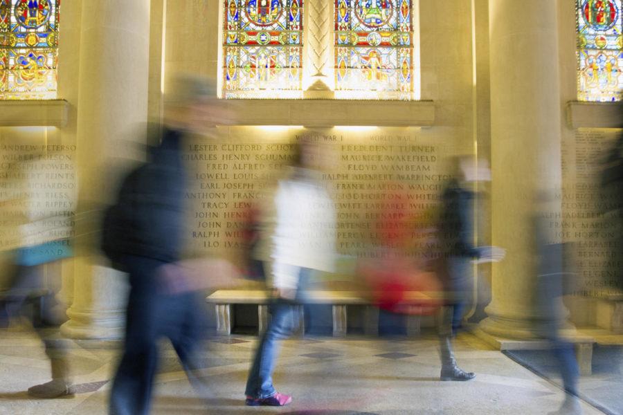 As a part of the Gold Star Hall, one entrance to the Memorial Union, stained glass windows illustrate the primary virtues an ISU student should strive to have: learning, virility, courage, patriotism, justice, faith, determination, love, obedience, loyalty, integrity and tolerance.
