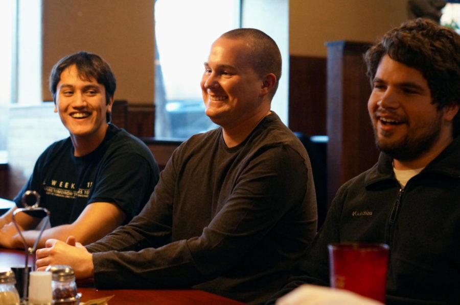 Eric Fehringer (left), freshman in material engineering; Mike Emgarten (middle), senior in psychology and philosophy; and Scott Kristoffer (right), senior in electrical engineering, meet at Jeffs Pizza to discuss politics, business, and other topics for a Philosophy Club meeting on Feb. 15. [A Philosophy major] is all about critical thinking and exploring different viewpoints, Emgarten said. The club has between twelve to sixteen members come regularly to meetings.
