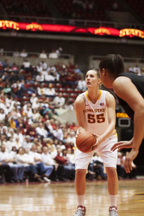 Anna Prins focuses on the free throw shot at the win 67 - 52 against Texas Tech in Hilton Coliseum on Saturday Feb. 2nd

