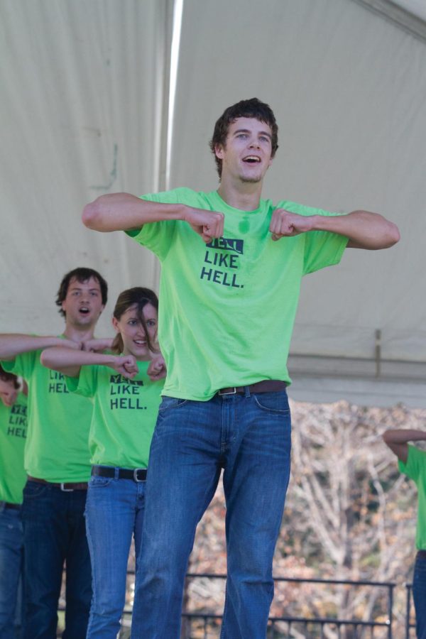 Members of the greek community participate in the annual Yell Like Hell competition, a tradition first introduced in 1963. For the competition, students perform skits containing chants and cheers. These performances are judged on enthusiasm, creativity, school spirit and representation of the Homecoming theme.
