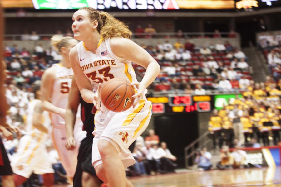 Chelsea Poppens gets ready to take the ball to the basket at the win 67-52 against Texas Tech in Hilton Coliseum on Saturday, Feb. 2, 2013.

