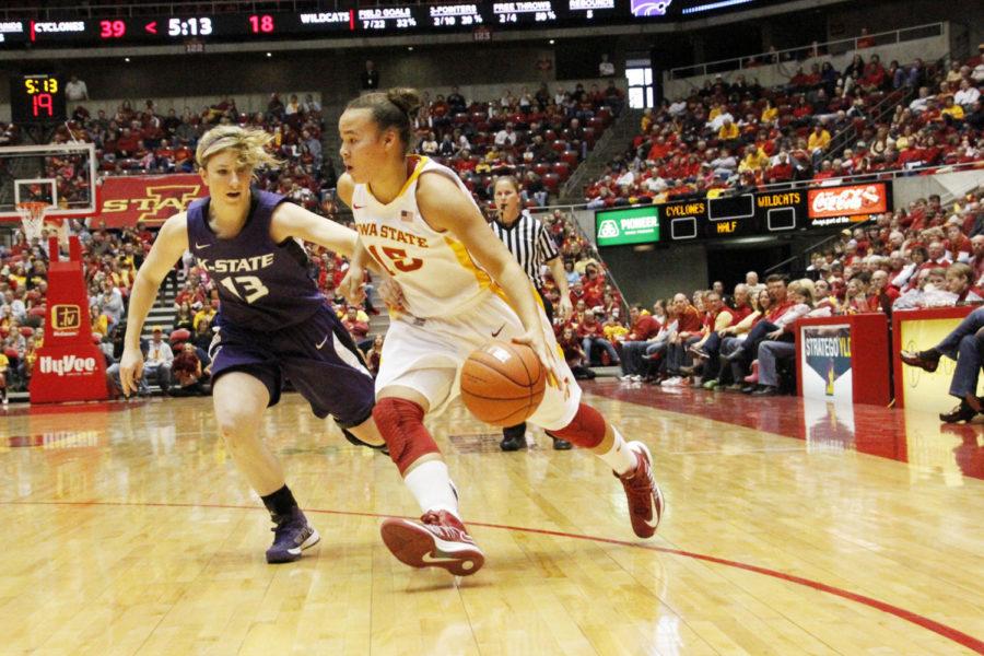 Freshman guard Nicole Kidd Blaskowsky drives the ball past the three point line against Kansas State on Feb. 9 at Hilton Coliseum.  Blaskowsky ended in double figures with 12 points in the 87-71 victory over the Wildcats.
