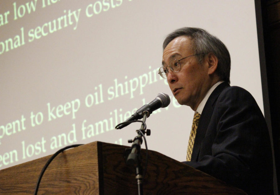
Steven Chu gives a lecture called Solving the Energy and Climate Change Challenge on Feb. 12 in the South Ballroom of the Memorial Union. Chu was the winner of the 1997 Nobel Prize in Physics.


