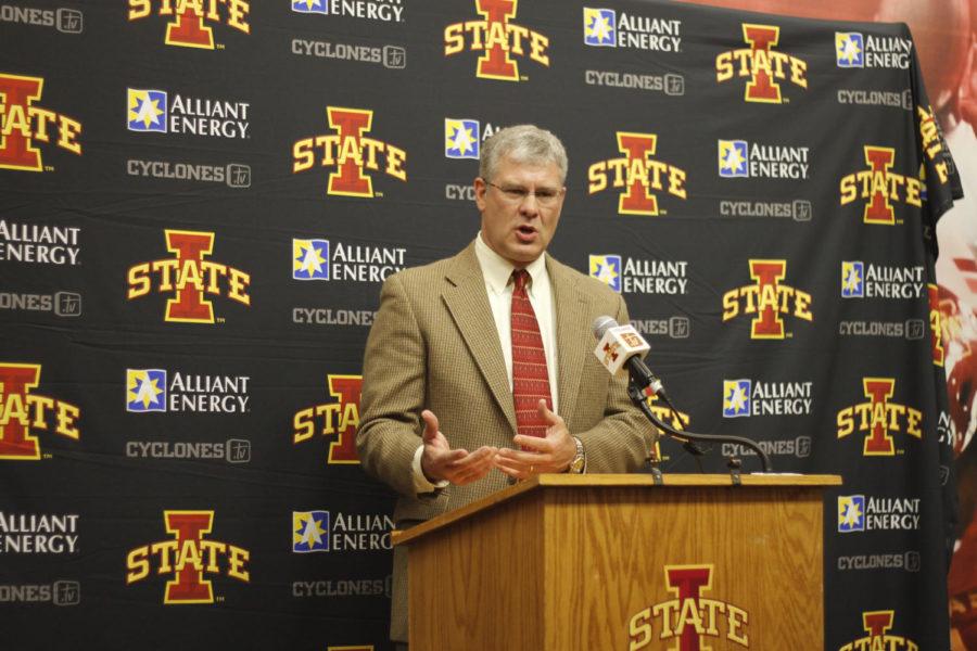 Cyclone head coach Paul Rhoads answers reporters' questions after addressing the media on 2013 Football Signing Day Press Conference at Bergstrom Football Complex on Feb. 6.
