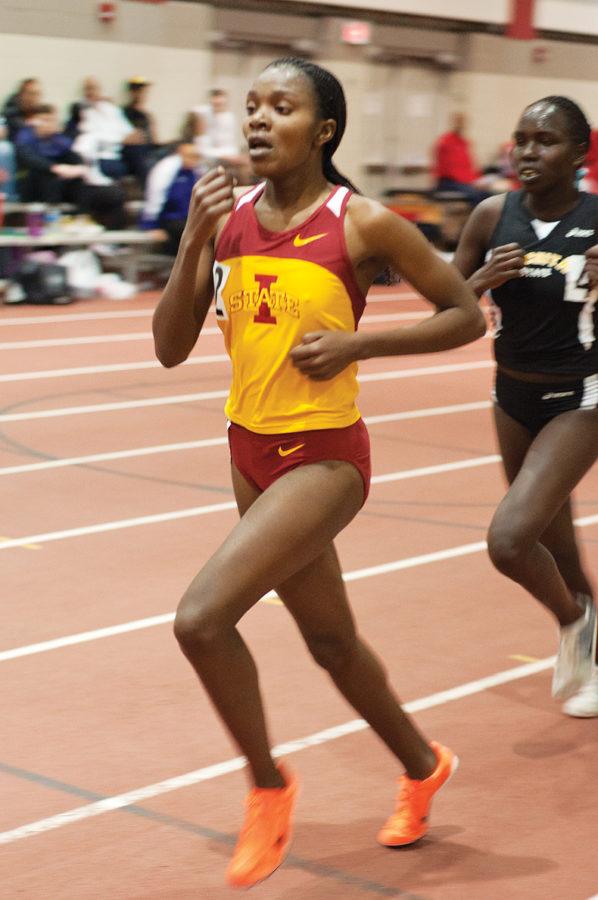 Iowa State’s Betsy Saina rounds one of her final laps during the Women’s 5,000-meter run Feb. 12 at Lied Recreation Athletic Center.
