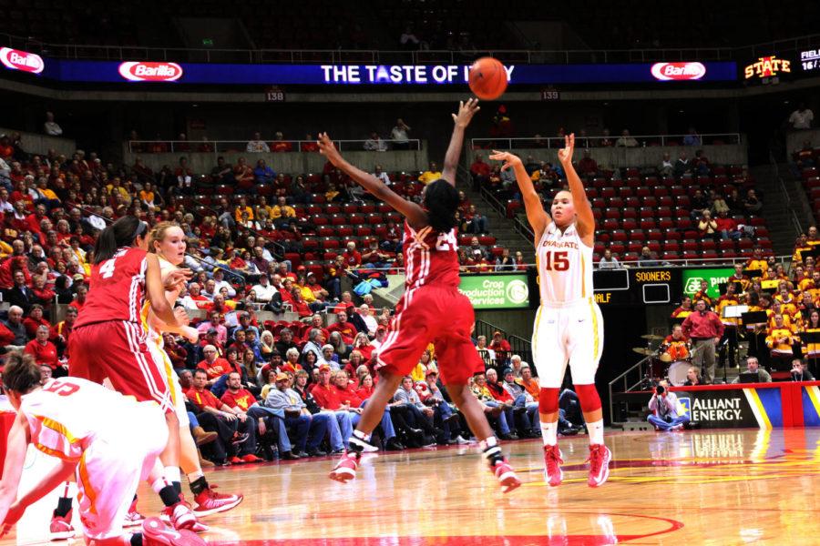 Freshman guard Nicole Kidd Blaskowsky shoots a 3-pointer against Oklahoma on Jan. 15 at Hilton Coliseum. Blaskowsky had five 3-pointers for the night and ended with 17 points in the 82-61 win.
