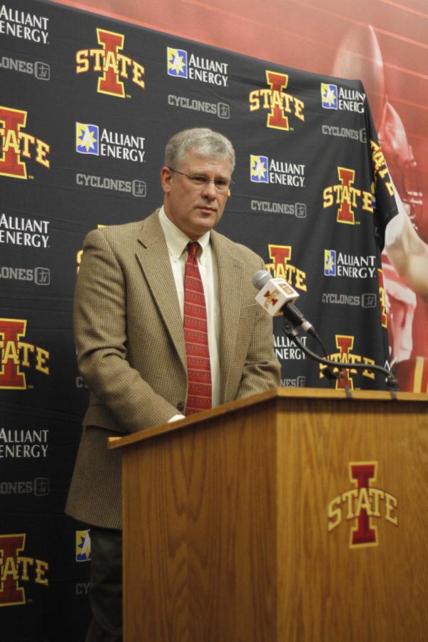 Cyclone head coach Paul Rhoads listens to reporters questions on 2013 Football Signing Day Press Conference at Bergstrom Football Complex on Feb. 6.
