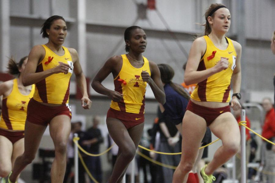 ISU+athletes+Ej+Okoro%2C+left+with+a+time+of+4%3A49.04%2C%C2%A0Betsy+Saina%2C+with+a+time+of+4%3A40.98%2C%C2%A0and+Dani+Stack%2C+with+a+time+of+4%3A49.30%2C+swooped+up+the+top+three+positions+in+the+womens+one-mile+run+at+Saturdays+ISU+Open+at+Lied+Recreational+Center.%0A