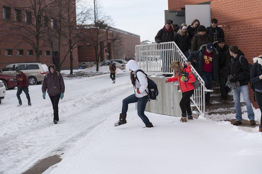 Students leave Hoover Hall in the snow that fell Jan. 29-30.
