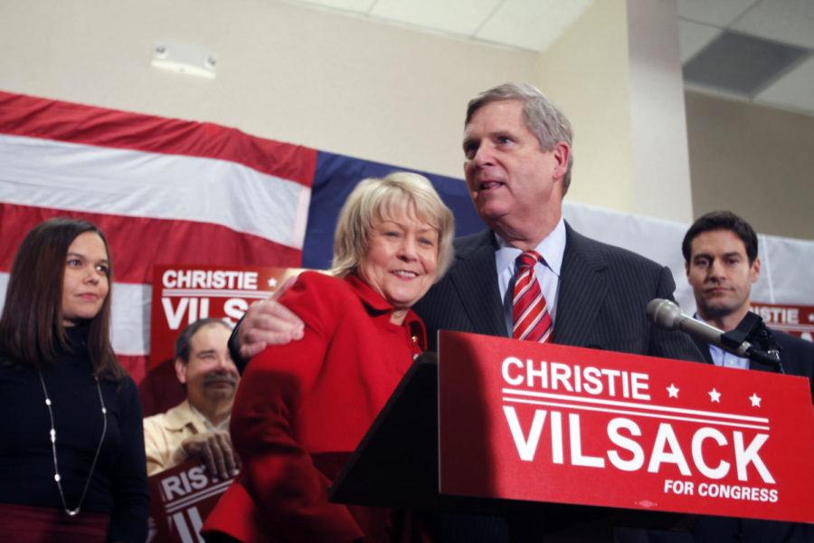 Former Iowa Gov. Tom Vilsack hugs his wife, Christie Vilsack, following the election Tuesday, Nov. 6, at the Gateway Hotel in Ames. Christie Vilsack lost the race for Congress to Steve King.
