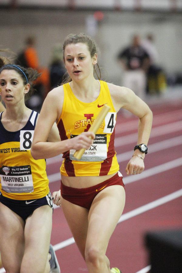 Redshirt senior Dani Stack races as anchor in the distance medley during the Big 12 Indoor Track and Field Championships on Saturday, Feb. 23, at Lied Recreational Athletic Center. The Cyclones finished the medley in fifth with a time of 11:33.18.
