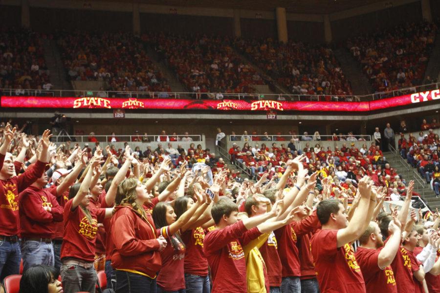The student section came alive cheering Iowa State on during the 79-71 win against Baylor on Saturday, Feb. 2, in Hilton Coliseum. 
