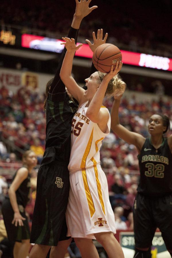 Anna Prins attempts to shoot the ball during the 66-51 loss against No. 1 Baylor on Jan 23, 2013, at Hilton Coliseum. Prins finished the game making six shots out of her 15 tries and attributed to the team with 17 points. 
